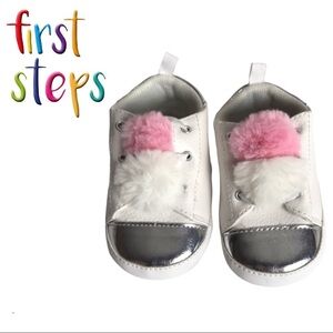 First Steps White and Silver Shoes with PomPoms